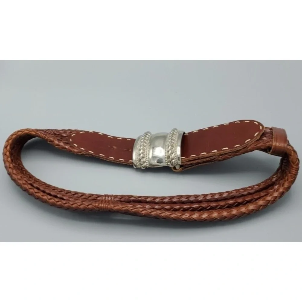 VTG The Limited Western Brown Leather Braided Women Small Belt Silvertone Buckle